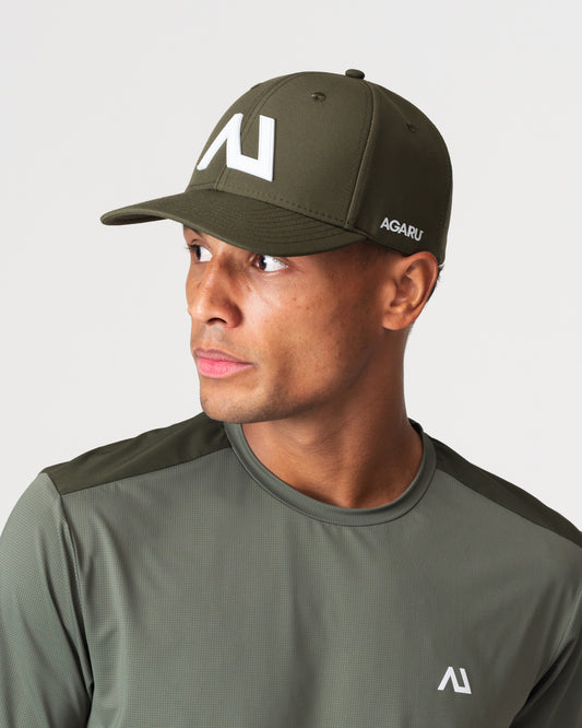 SRG Cap in Deep Olive, worn by model, front view