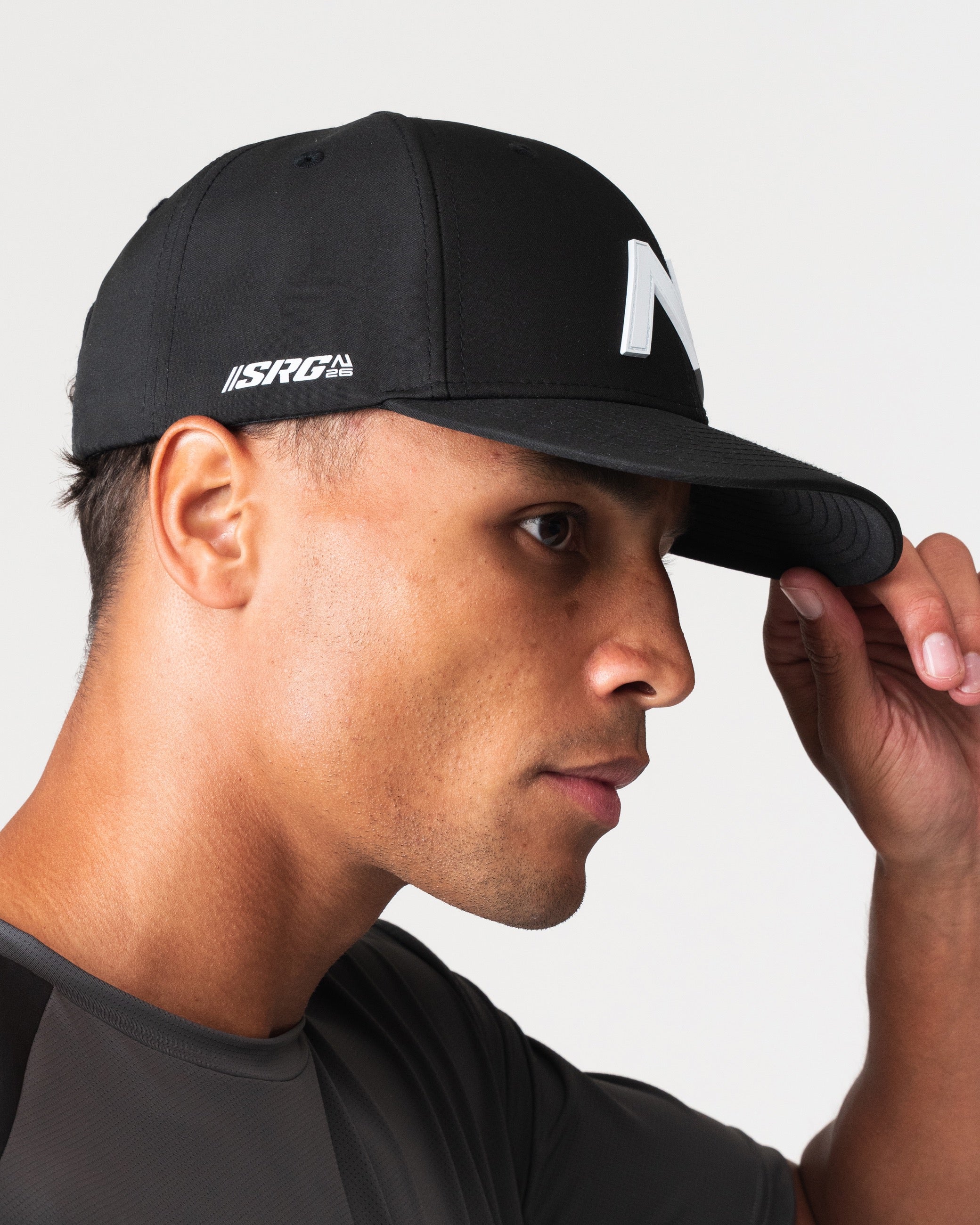 SRG Cap in Black, side detail showing SRG branding