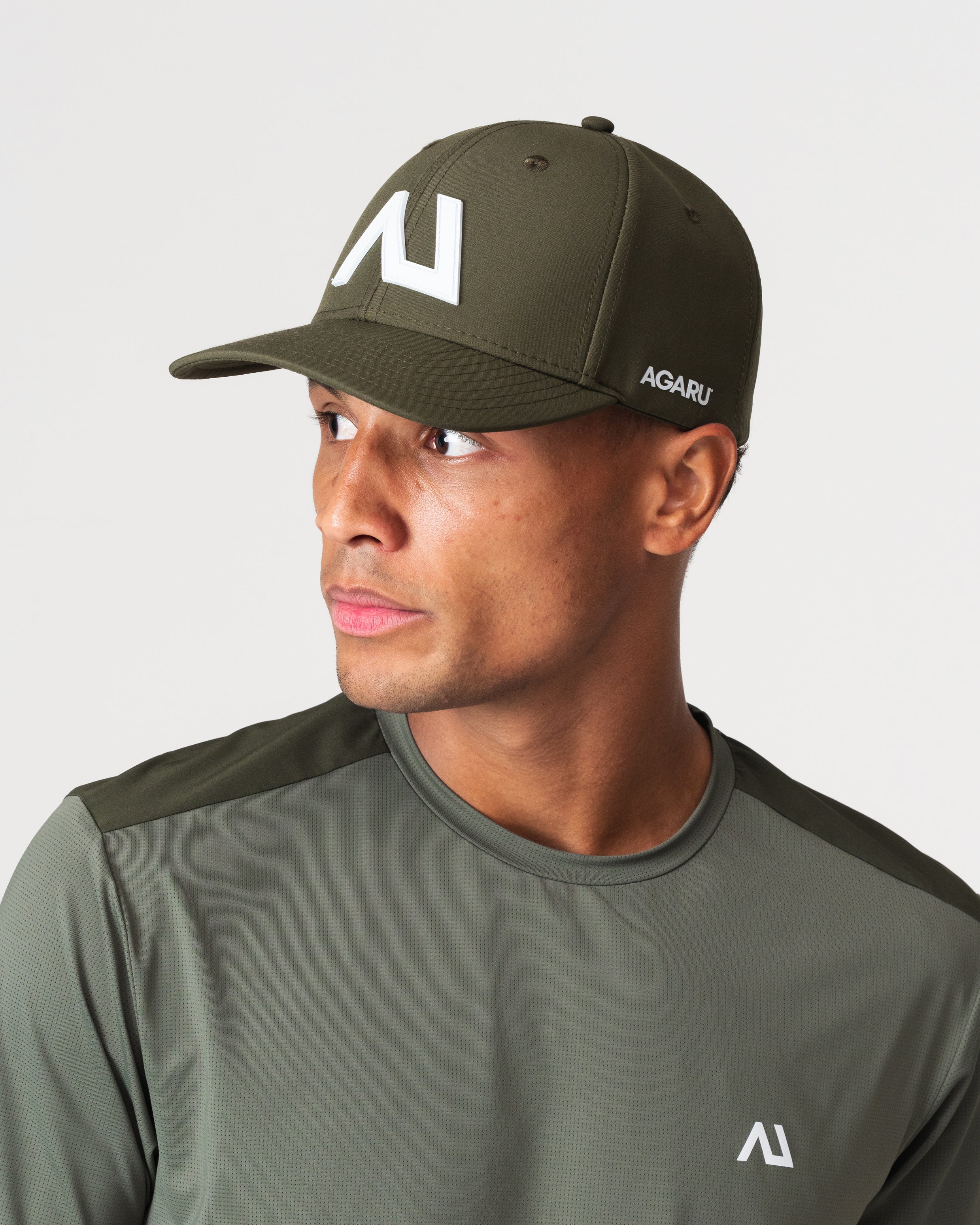 SRG Cap in Deep Olive, worn by model, front view