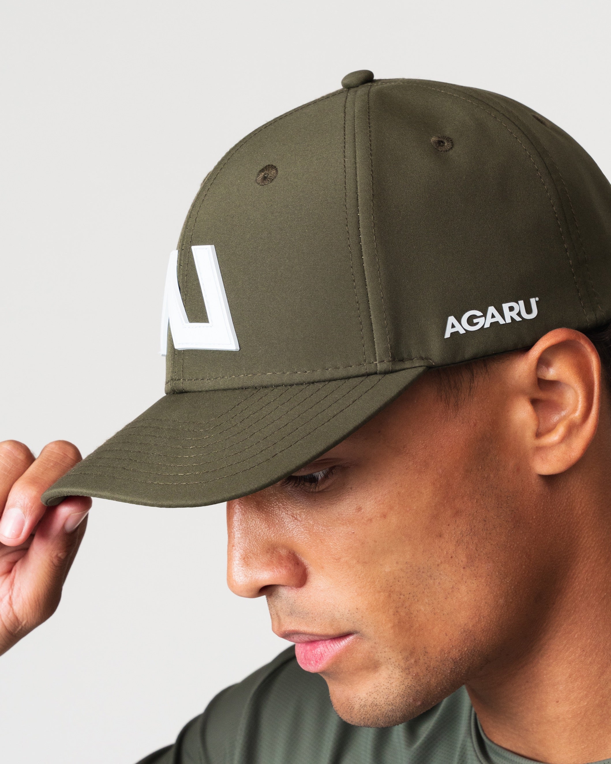 SRG Cap in Deep Olive, side detail showing AGARU branding