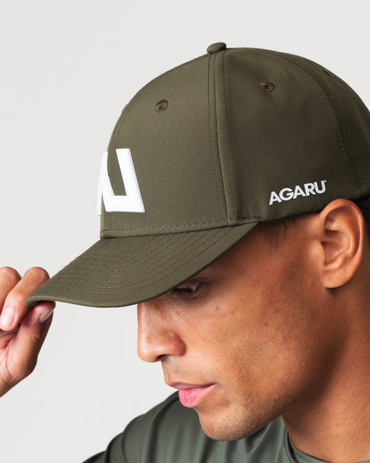 SRG Cap in Deep Olive, side detail showing AGARU branding