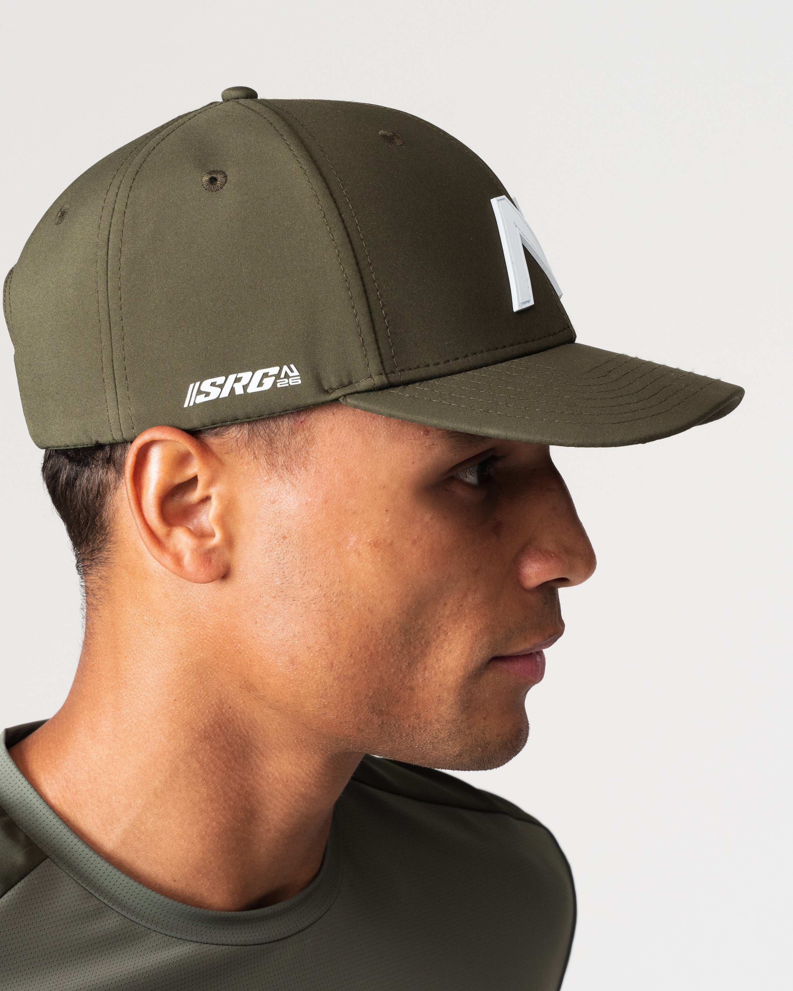 SRG Cap in Deep Olive, side detail showing SRG branding