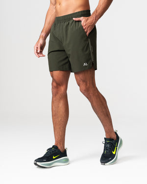 SRG Short in Deep Olive, front view on model