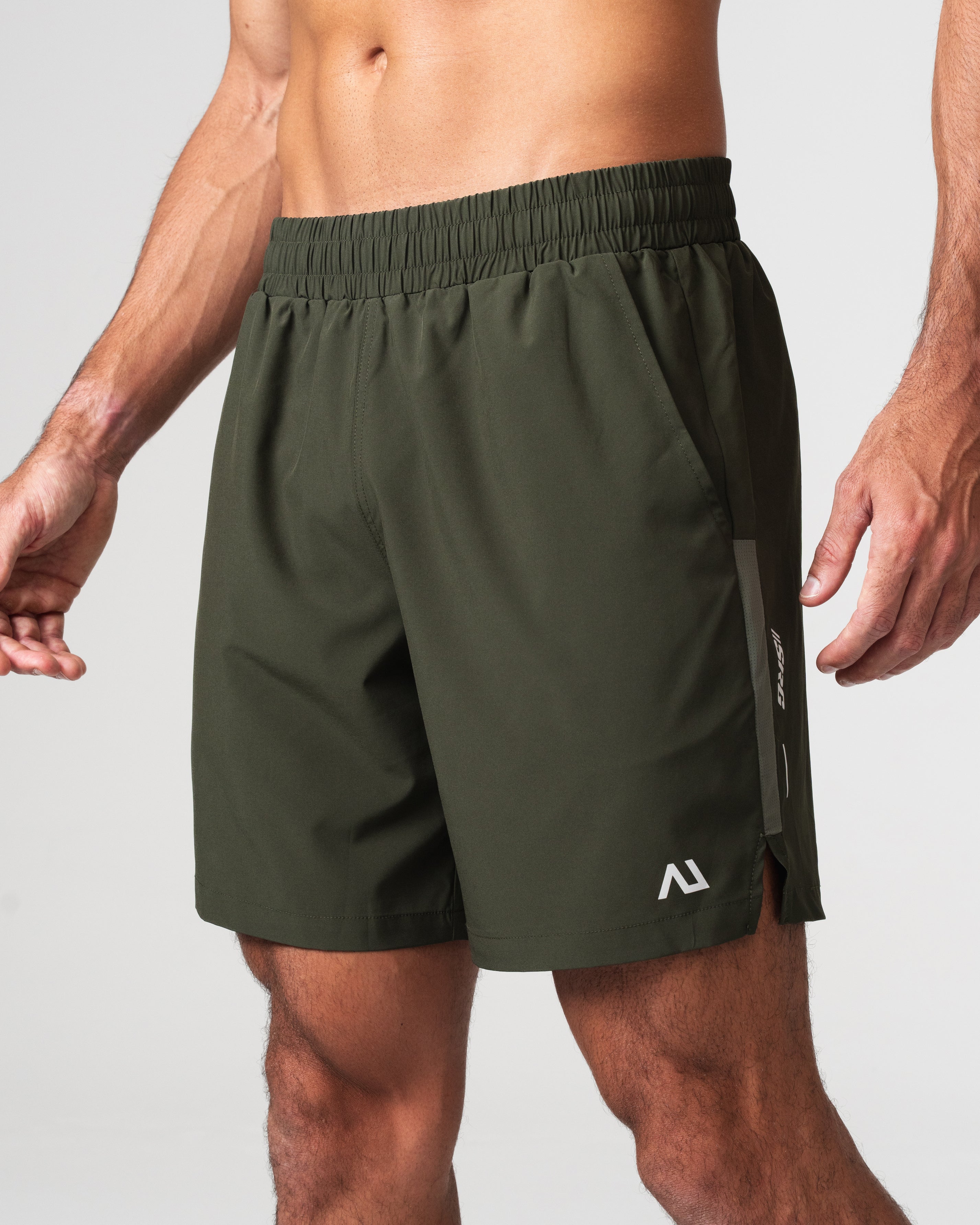 SRG Short in Deep Olive, side view on model