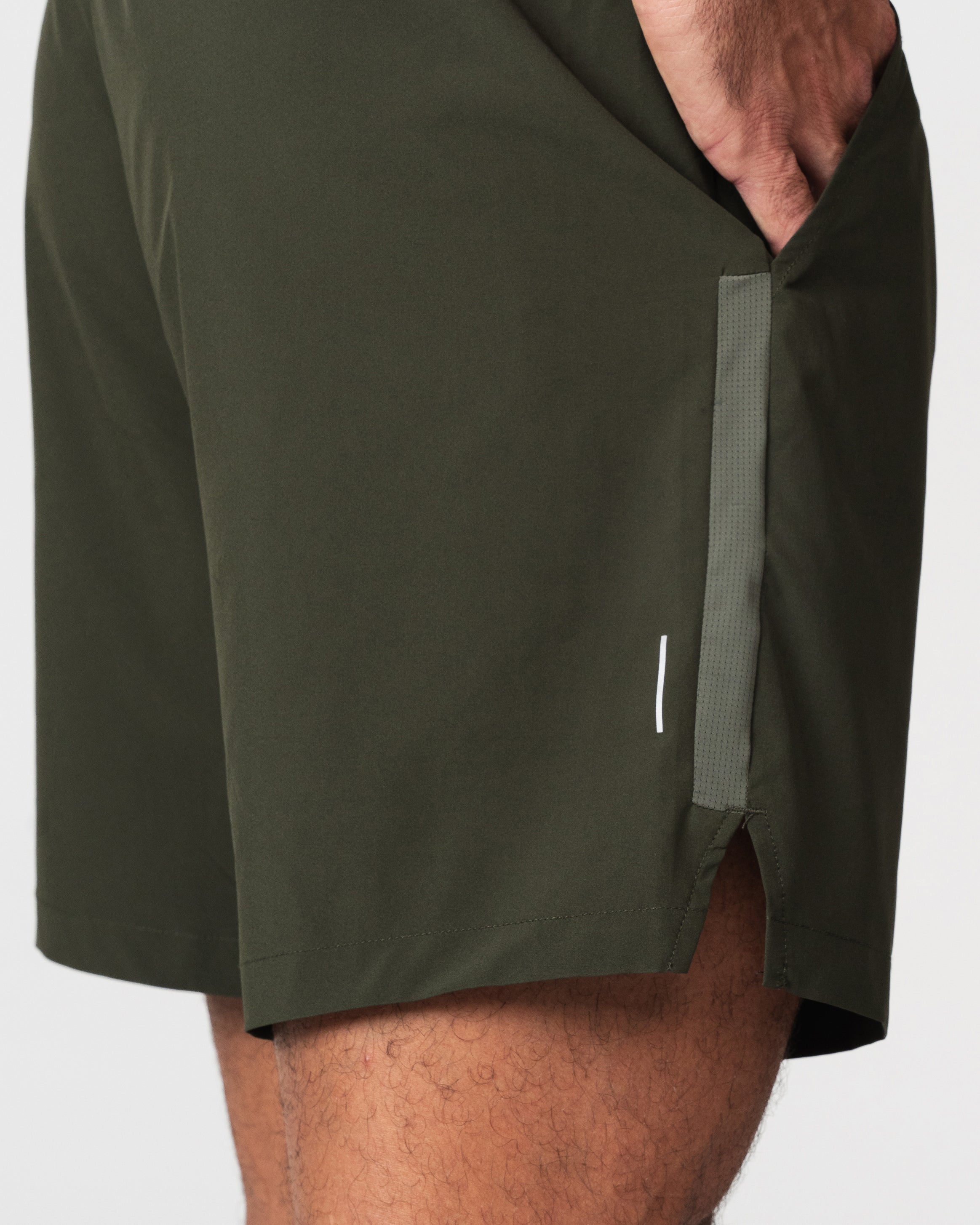 SRG Short in Deep Olive, close-up of zip pocket