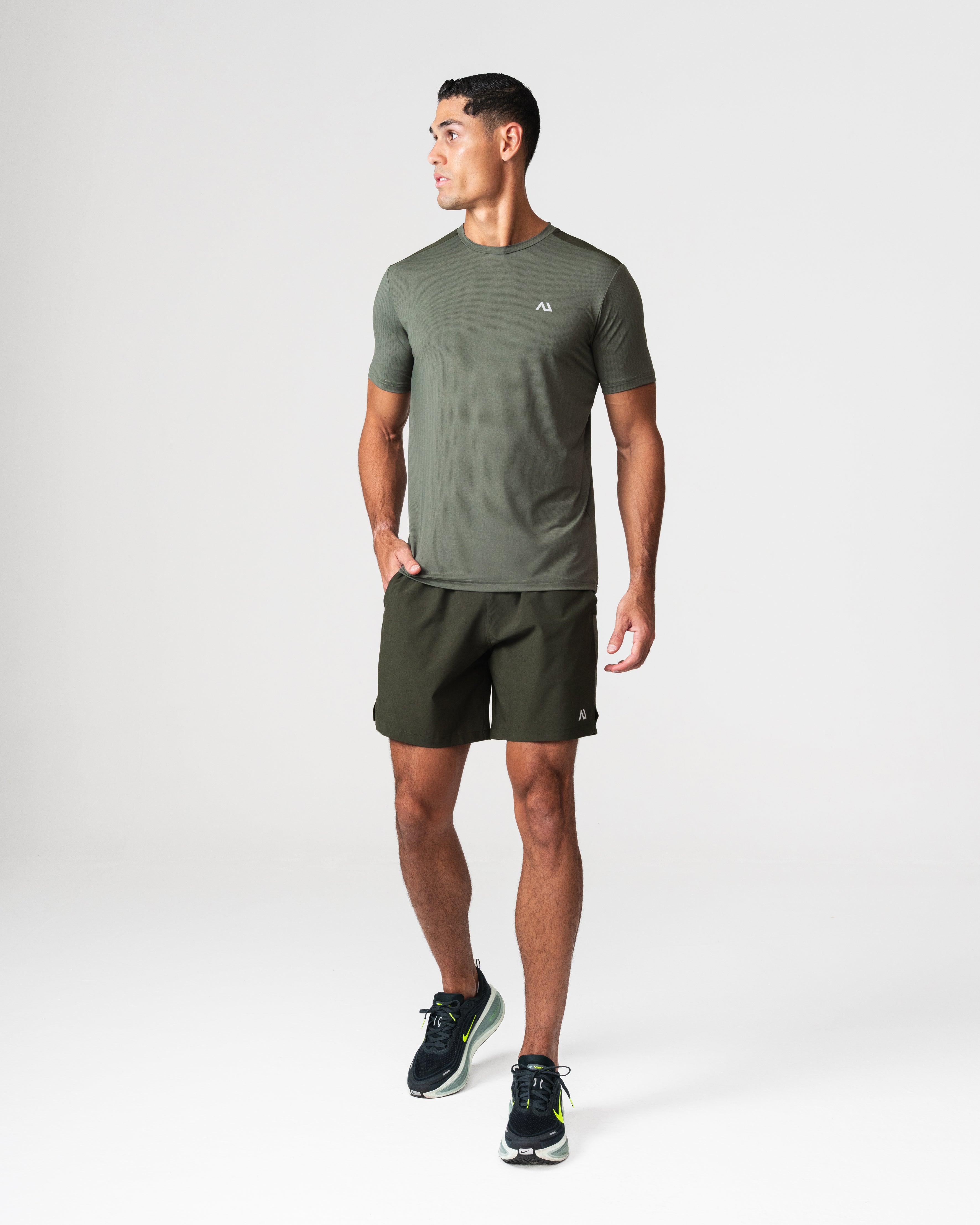 SRG Twin Set in Deep Olive, full body view on model