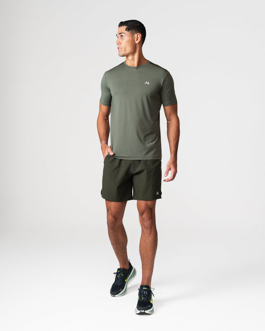 SRG Twin Set in Deep Olive, full body view on model