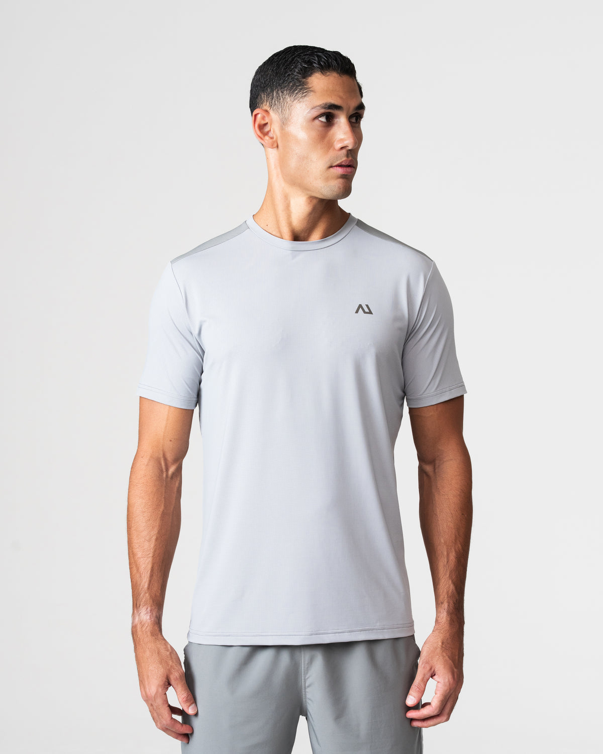 SRG T-Shirt in Titanium Grey, front view on model