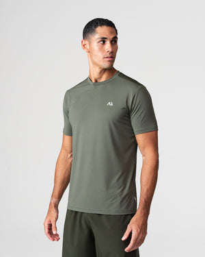 SRG T-Shirt in Deep Olive, front view on model