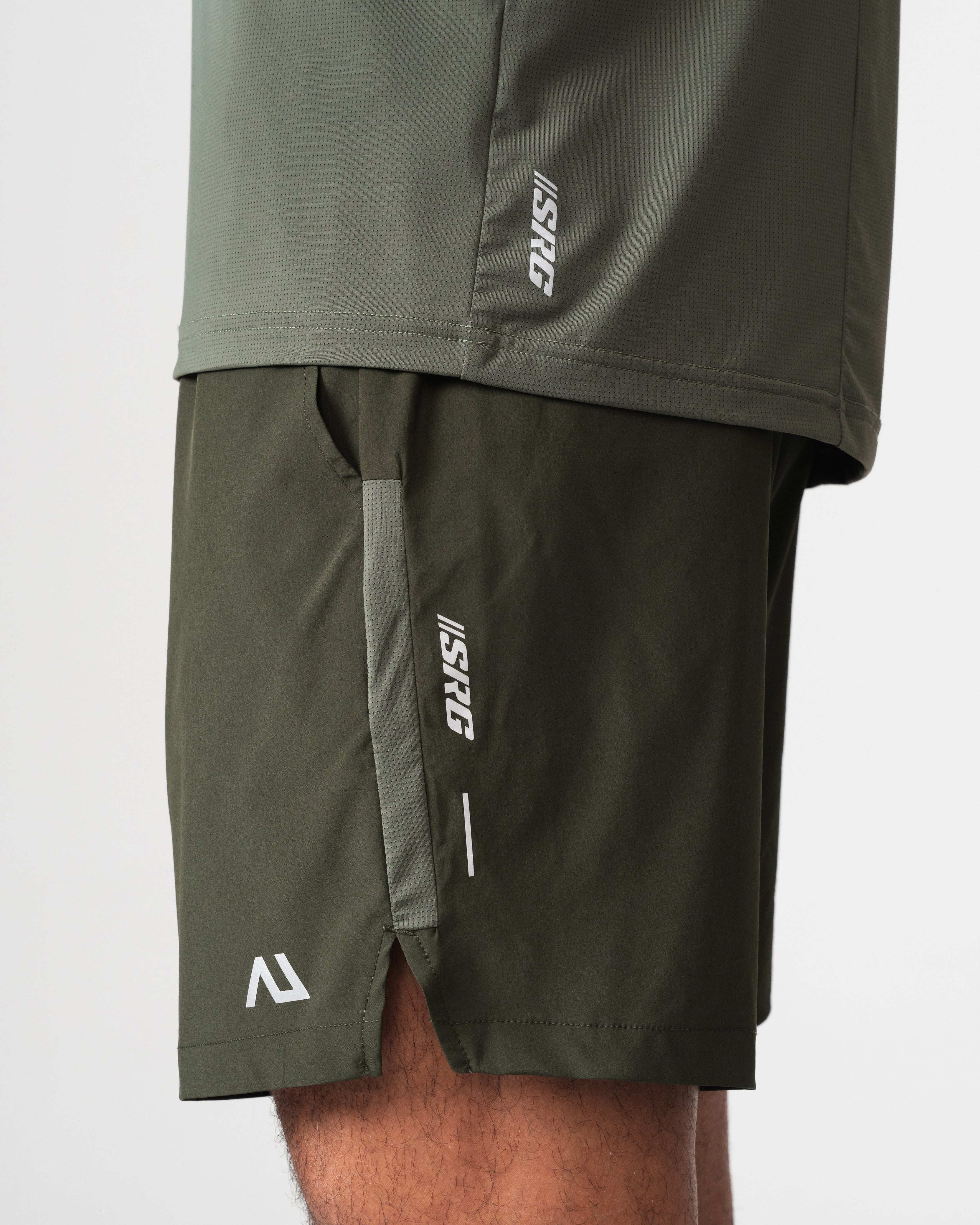 SRG T-Shirt in Deep Olive, close-up of hem and SRG taping